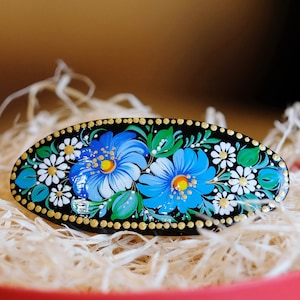 Hair barrette, Blue flower hair clip, Stylish barrette, French hair clip, Unique hair clip, Wooden oval hair barrette, Cute gift for her