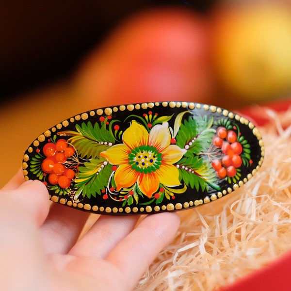 Barrette à cheveux tournesol, Pince à cheveux ovale peinte, Pince à cheveux jaune et noire, Barrette en bois, Cadeau pour elle, Accessoire capillaire, Bijoux de mariage