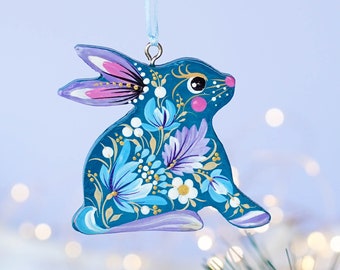 Painted small Bunny ornament Ukrainian Christmas ornament, Handmade wooden Christmas Rabbit tree decoration, Blue & puple flower ornament