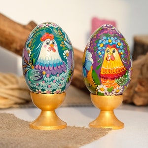 Set of large Ukrainian Easter eggs with painted Rooster, Wooden decorative egg ornaments - Ukrainian Pysanky eggs, Easter basket stuffers