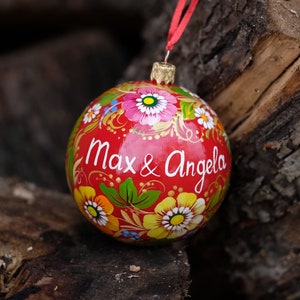 Hand-painted personalized ornament, Ukrainian Christmas bauble ornament, Red flower tree ball, First Christmas ornament, Petrykivka art ball