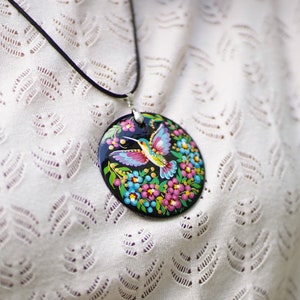 Painted wooden Ukrainian necklace - Wooden necklace with Hummingbird pendant, Lightweight Ukraine folk art Petrykivka necklace jewelry