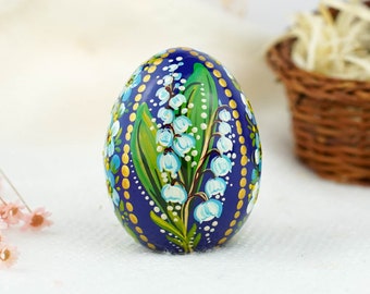 Handmade wooden Easter egg - Hand painted Lily of the Valley Easter decor, Forget-me-not Ukrainian pysanky eggs, Unique Petrykivka wood eggs