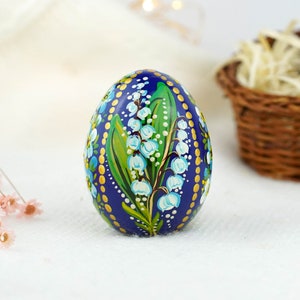 Handmade wooden Easter egg - Hand painted Lily of the Valley Easter decor, Forget-me-not Ukrainian pysanky eggs, Unique Petrykivka wood eggs