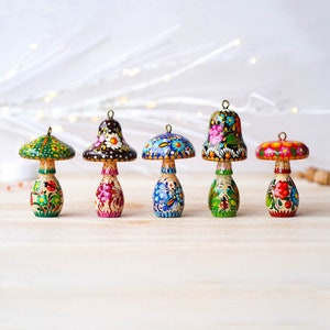 Painted Mushroom Christmas Ornament - Handmade Wooden Christmas Tree Ornament, Petrykivka Art Ukrainian Ornament, Fairy Mushroom Decoration