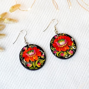 Hypoallergenic lightweight earrings, Painted Ukrainian dangle earrings, Red flower wooden earrings Ukrainian jewelry, Petrykivka earrings image 1