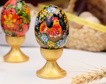Ukrainisches Osterei, Huhn auf Nest Osterei, ukrainisches Pysanky-Ei, handbemaltes Hühnerei aus Holz, Petrykivka dekorative Eiverzierung