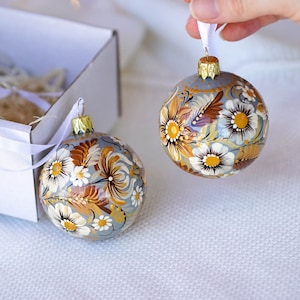 Set of 2 hand painted Christmas ornaments, Ukrainian Christmas ornaments, Pastel beige flower Christmas baubles, Personalized balls 2.4 in