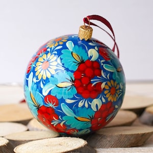 Hand-painted Ukrainian Christmas Ball Ornament 3.14 in - Handmade Petrykivka Blue & Red Flower Hanging Ornament, Christmas Tree Decoration