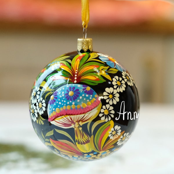 Personalized Christmas tree ornament, Custom mushroom tree ball, Unique tree bauble, Fairy mushroom décor, Personalized Christmas hanging