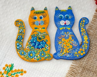 Imán de nevera de gato ucraniano, imanes de figuras de animales pintados, imanes de madera de arte ucraniano, imanes de madera pintados a mano, conjunto de imanes de taquilla