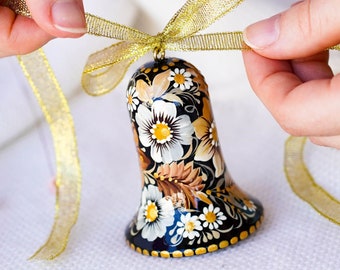 Ukrainian Christmas bell ornament - Hand-painted wooden tree decoration, Ukrainian Christmas ornament personalized with Petrykivka art