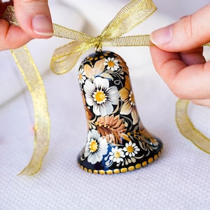 Ukrainian Christmas bell ornament Hand-painted wooden tree decoration, Ukrainian Christmas ornament personalized with Petrykivka art image 1