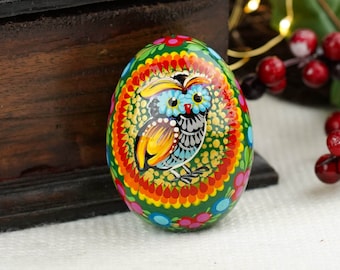 Houten Uil-paasei - Handgeschilderde paaseidecoratie, Oekraïens vogelpysanky-ei, Handgemaakt Petrykivka-houten paasei, Volkskunstei