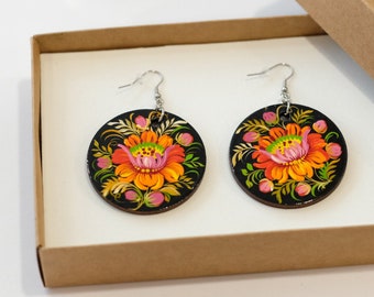 Wooden dangle earrings, Hypoallergenic wooden earrings, Lightweight circle earrings, Painted orange flower earrings, Unique wooden jewelry