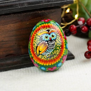 Wooden Owl Easter egg - Hand-painted Easter egg decoration, Ukrainian bird pysanky egg, Handmade Petrykivka wood Easter egg, Folk art egg