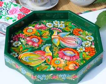 Coffee table tray, 11.8 in Wooden breakfast tray, Hand-painted valet tray, Emerald green jewelry tray, Decorative Ukrainian vanity tray