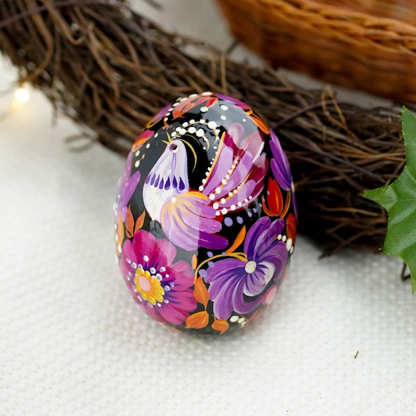 Wooden bird Easter egg, Fairy bird Easter egg decoration, Purple flower Ukrainian pysanky egg, Handmade Petrykivka wood Easter egg
