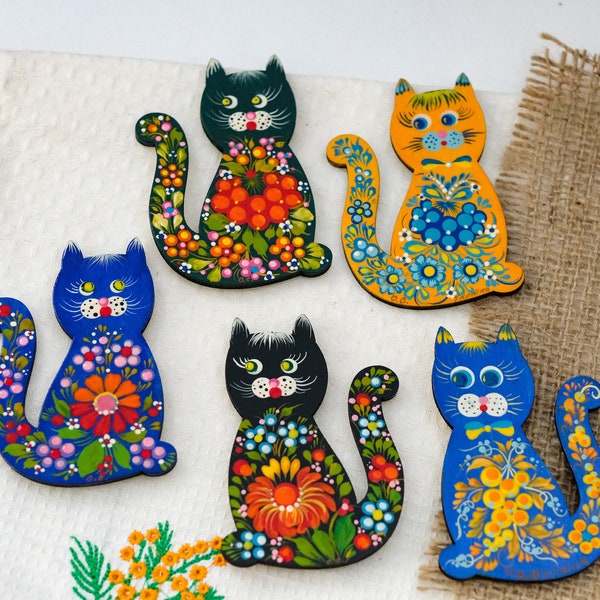 Ukrainian Cat fridge magnet, Painted animal figure magnets, Ukrainian art wooden magnets, Hand-painted wooden magnets, Set of locker magnets