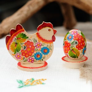 Wooden Easter chicken figurine on stand, Ukrainian chicken silhouette & egg with traditional Petrykivka art, Painted ute rooster decoration