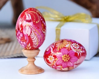 Uova di Pasqua ucraine, Uova di Pasqua in legno dipinte a mano con la tecnica della pittura Petrykivka, Uccello fatato ucraino Pysanky, Ornamenti decorativi per uova