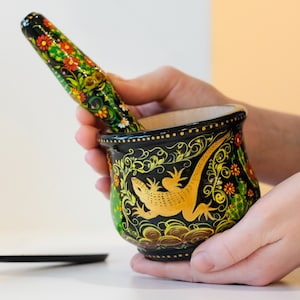 Mortar and Pestle set, Golden Salamander set, Cactus blossom spices masher, Wooden herb grinding bowl, Painted lizard crush bowl