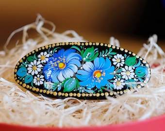 Painted Wooden Barrette, Blue Flower Hair Clip, Ukrainian Petrykivka Art
