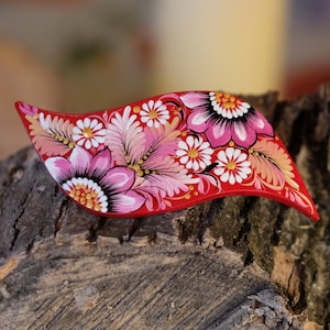 Ukraine hair barrette, Pink & red flower barrette, French hair barrette, Wooden hair clip, Petrykivka flower barrette, Hair barrette women