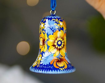 Hand painted Ukrainian Christmas bell ornament - Handmade wooden tree decoration, Blue and yellow flower Ukrainian Christmas ornament