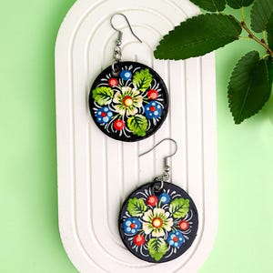 Painted Wooden Dangle Earrings - Hypoallergenic Daisy Earrings with Blue & Green Flowers, Ukrainian Petrykivka Art Jewelry, Stainless Steel