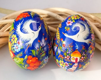 Ukrainian wooden Easter eggs with painted Cranes and rustic House, Ukrainian Pysanky eggs, Decorative egg ornaments, Easter basket stuffers
