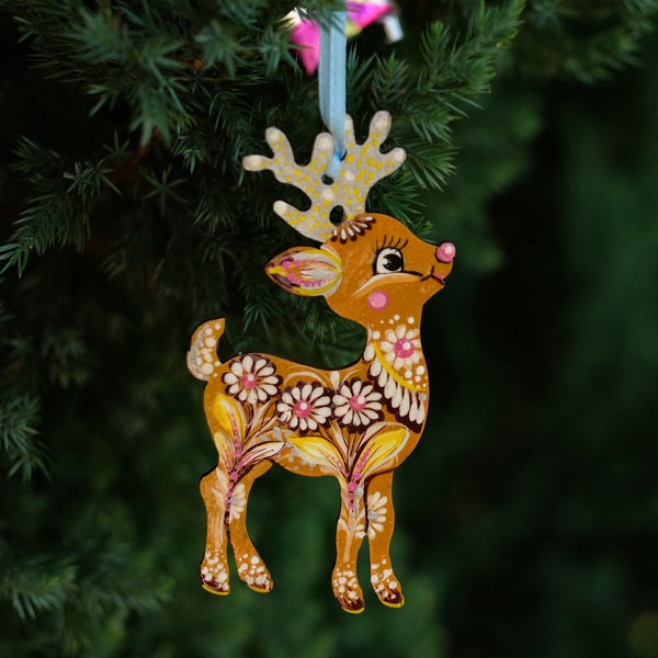 Deer Christmas ornament, Ukrainian Christmas decoration, Wooden Christmas reindeer, Painted Deer silhouette ornament, Unique animal ornament