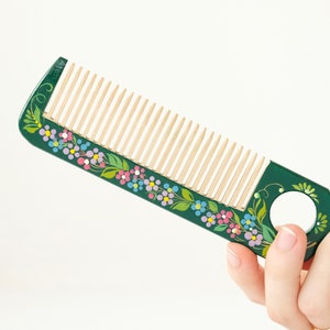 Wooden hair comb, Unique flower hair comb, Green pocket hair comb, Natural wood hair comb, Cute girly hair comb, Unique hippie hair comb