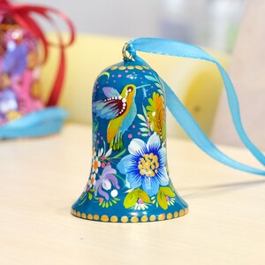 Hummingbird ornament bell, Christmas bell decoration, Painted Petrykivka ornament, Blue flower tree decor, Unique wooden Ukraine ornament