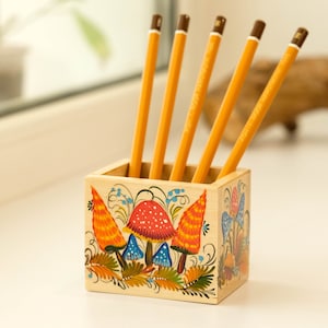 Hand-Painted Wooden Pencil Holder, Mushroom Desk Organizer