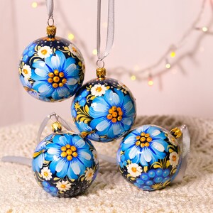 Christmas ornament set, Hand-painted Ukrainian Christmas ornaments 2.4 in, Set of 4 Christmas baubles, Petrykivka blue flower tree balls