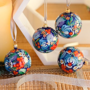 Christmas ornament set, Hand-painted Ukrainian Christmas ornaments, Blue flower tree balls 2.4 in, Set of 4 Christmas baubles