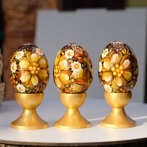 Set of 3 Easter eggs hand painted with Ukrainian folk art, Wooden decorative egg ornaments, Ukrainian Pysanky eggs, Easter basket stuffers