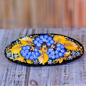Ukraine hair barrette, Blue and yellow barrette, French hair barrette, Wooden hair clip, Petrykivka flower barrette, Hair barrette women