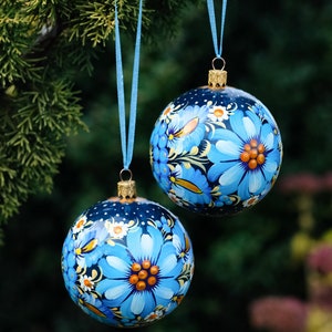 Hand-painted Christmas ornament, Ukrainian Christmas ornaments, Petrykivka Christmas tree baubles, Blue flower Christmas decorations