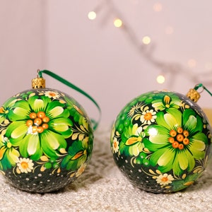 Hand-painted Christmas ornament, 3.14 in, Ukrainian Christmas ornaments, Petrykivka Christmas tree baubles, Unique green flower tree balls