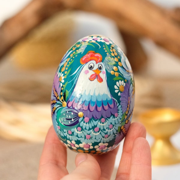 Ukrainian goose Easter egg with painted Rooster, Wooden decorative egg ornament - traditional Ukrainian Pysanky egg with Petrykivka painting