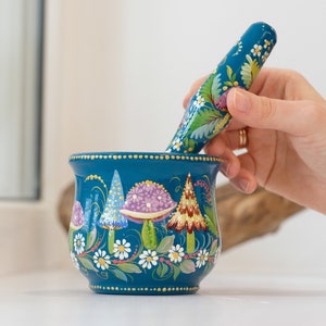 Mortar and Pestle set, Mushroom mortar and pestle, Wooden spices masher, Herb grinding bowl, Turquoise crush bowl, Unique kitchen bowl