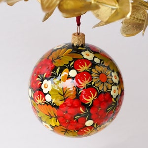 Hand-painted Ukrainian Christmas Ball Ornament 3.14 in - Handmade Petrykivka Art Red Flower Hanging Ornament, Folk Christmas Tree Decoration