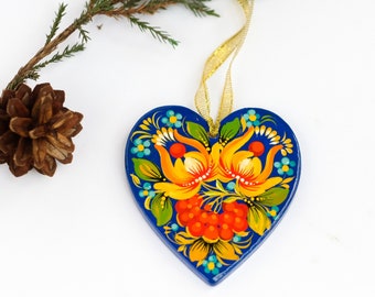 Heart Christmas ornament, Ukrainian Christmas decoration, Wooden Christmas ornament, Petrykivka painted ornament, Blue heart decoration