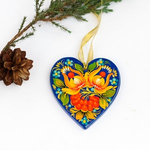 Heart Christmas ornament, Ukrainian Christmas decoration, Wooden Christmas ornament, Petrykivka painted ornament, Blue heart decoration