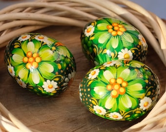 Set of 3 Easter eggs hand painted with Ukrainian folk art, Wooden decorative egg ornaments, Emerald green Ukrainian Pysanky basket stuffers
