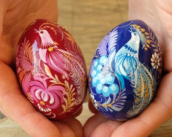 Ukrainian easter eggs, Wooden Easter eggs hand painted with Petrykivka painting, Fairy bird Ukrainian Pysanky, Decorative egg ornaments