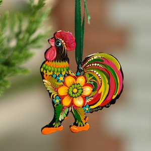 Rooster Christmas ornament, Ukrainian Christmas decoration, Petrykivka flower ornament, Wooden Christmas ornament, Farmhouse animal ornament