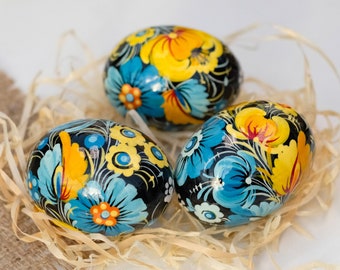 Ukrainian Easter eggs, Painted wooden Easter egg set, Ukrainian Pysanky eggs, Blue & Yellow decorative egg ornaments, Easter basket stuffers
